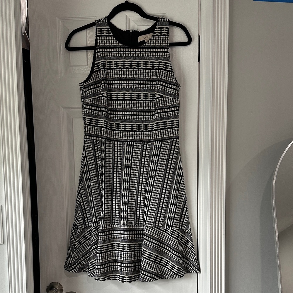 LOFT Black and White Patterned Midi Dress